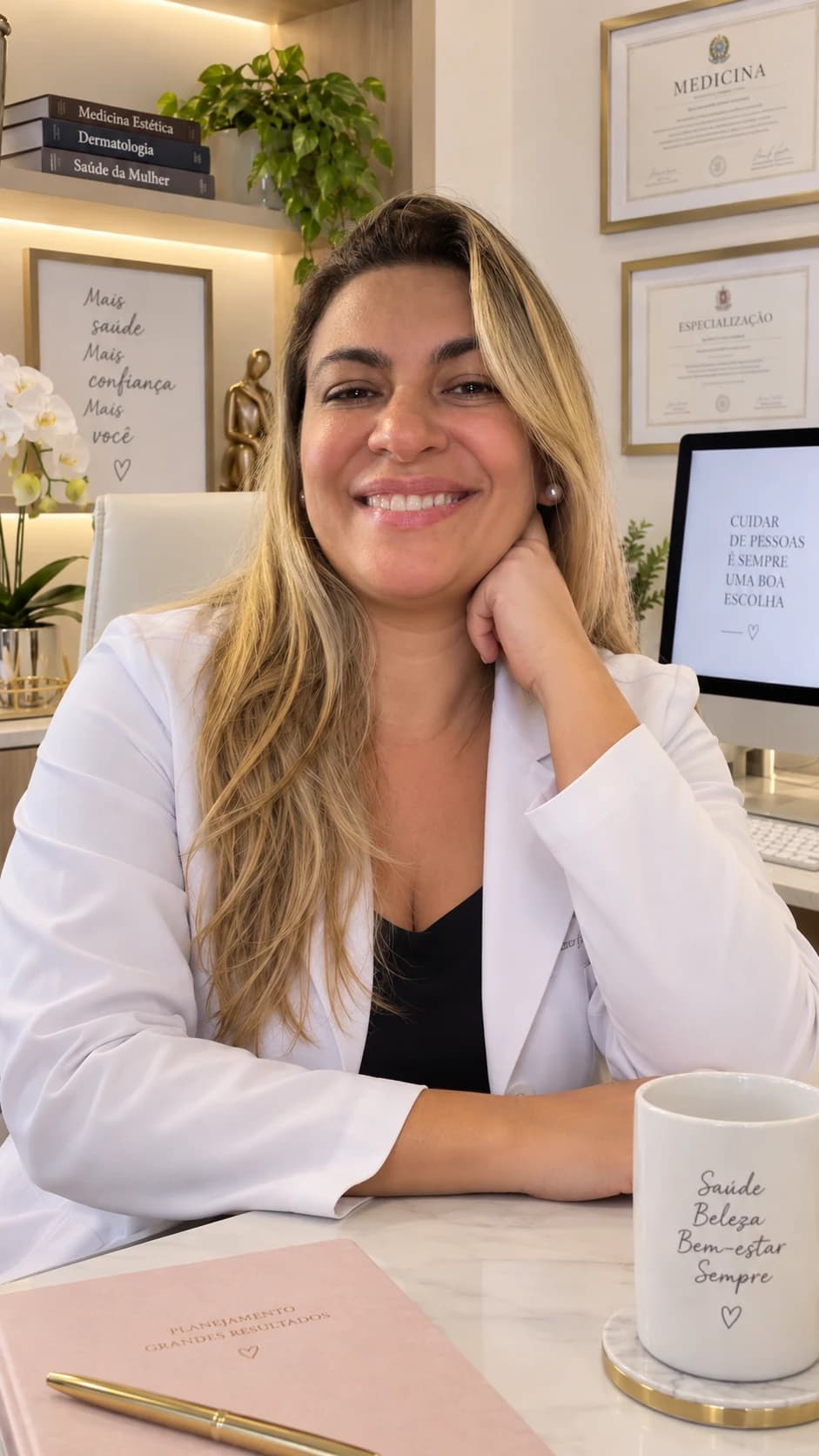 Dra. Luciara Cunha Duarte sorrindo em seu consultório, de jaleco branco